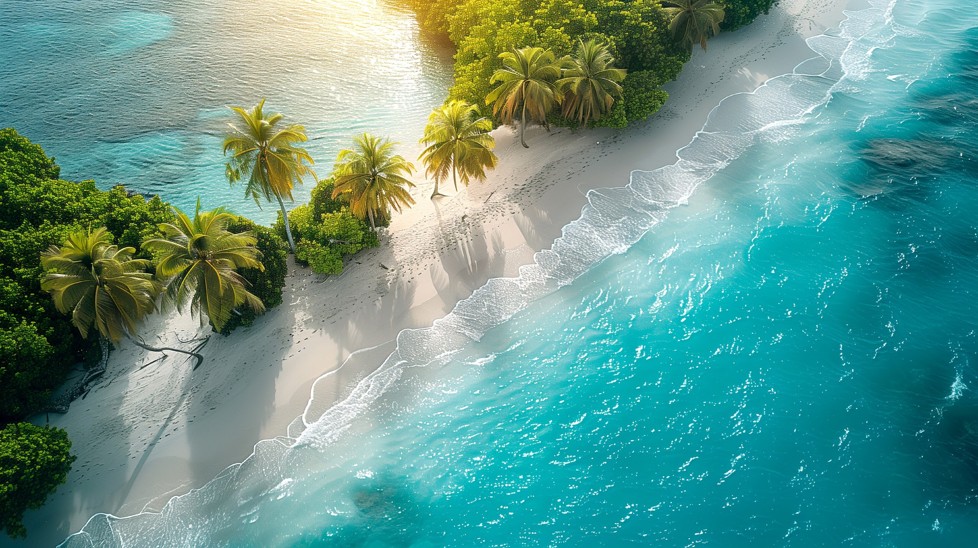 Aerial view of a palm-lined beach and turquoise water