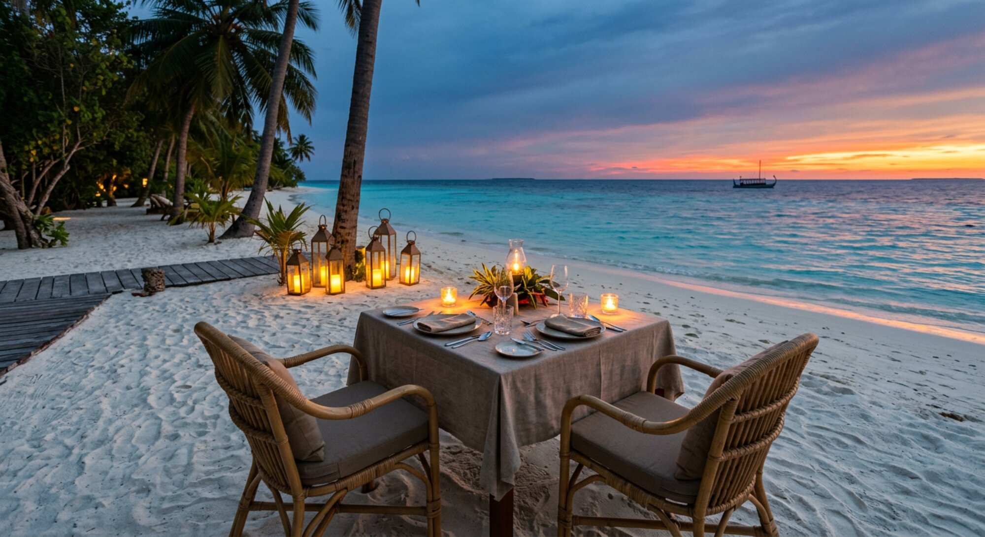 Candlelit dinner table on the beach at dusk