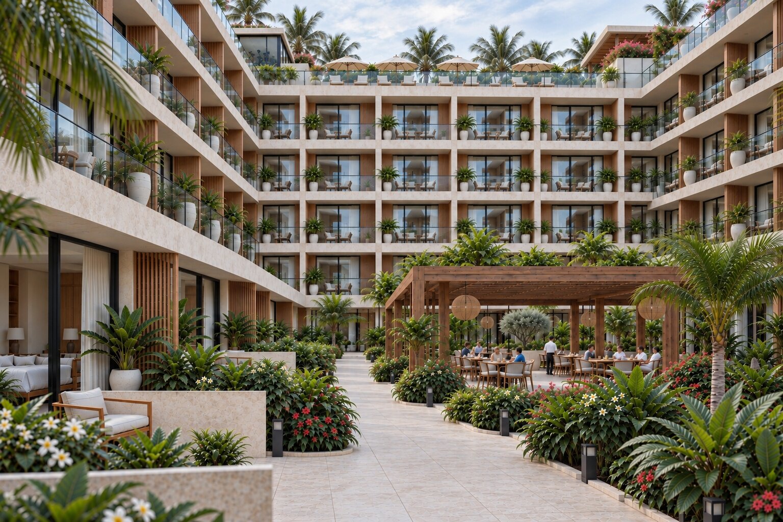 Landscaped courtyard between the hotel's two wings