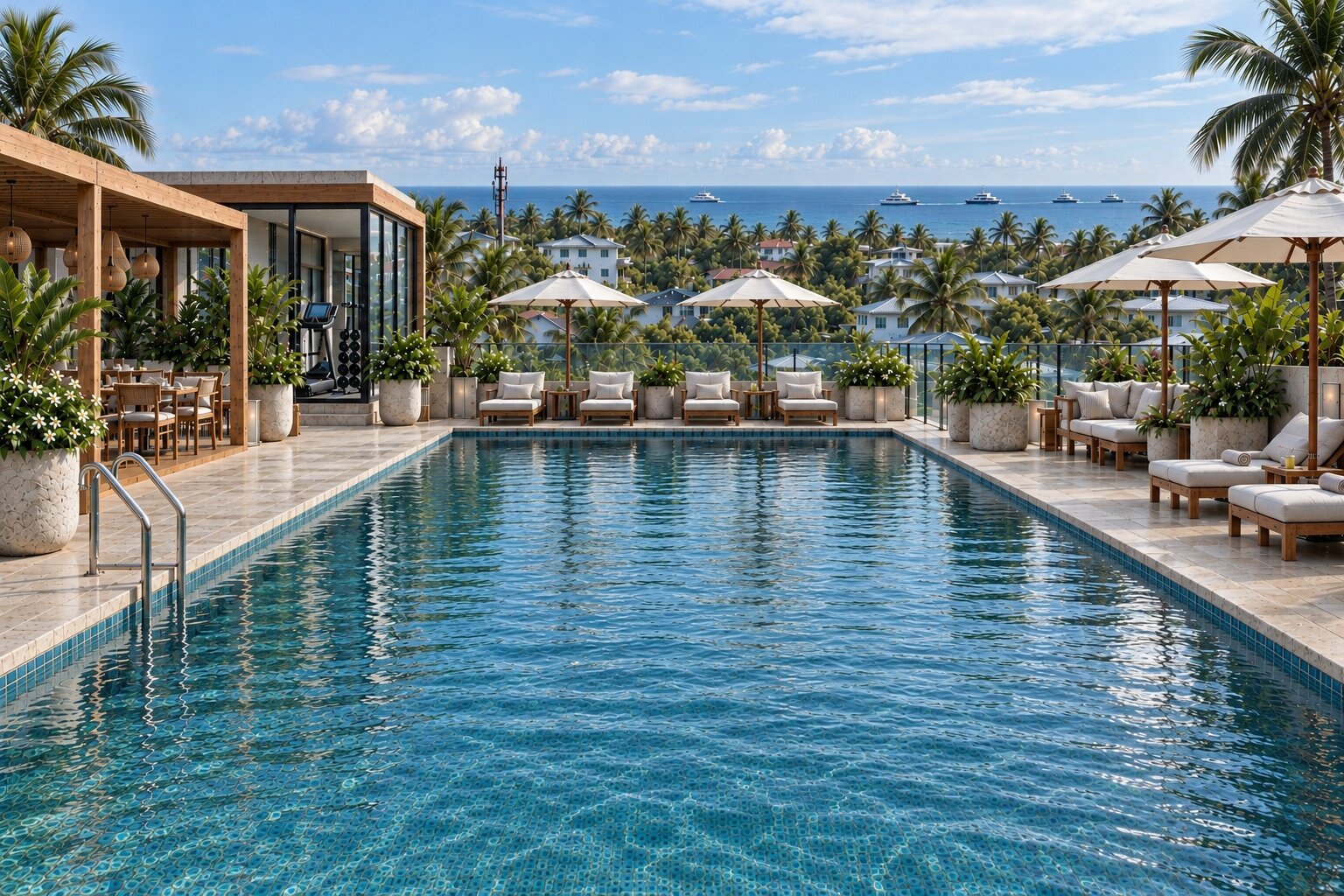Sun loungers on the rooftop pool deck by day