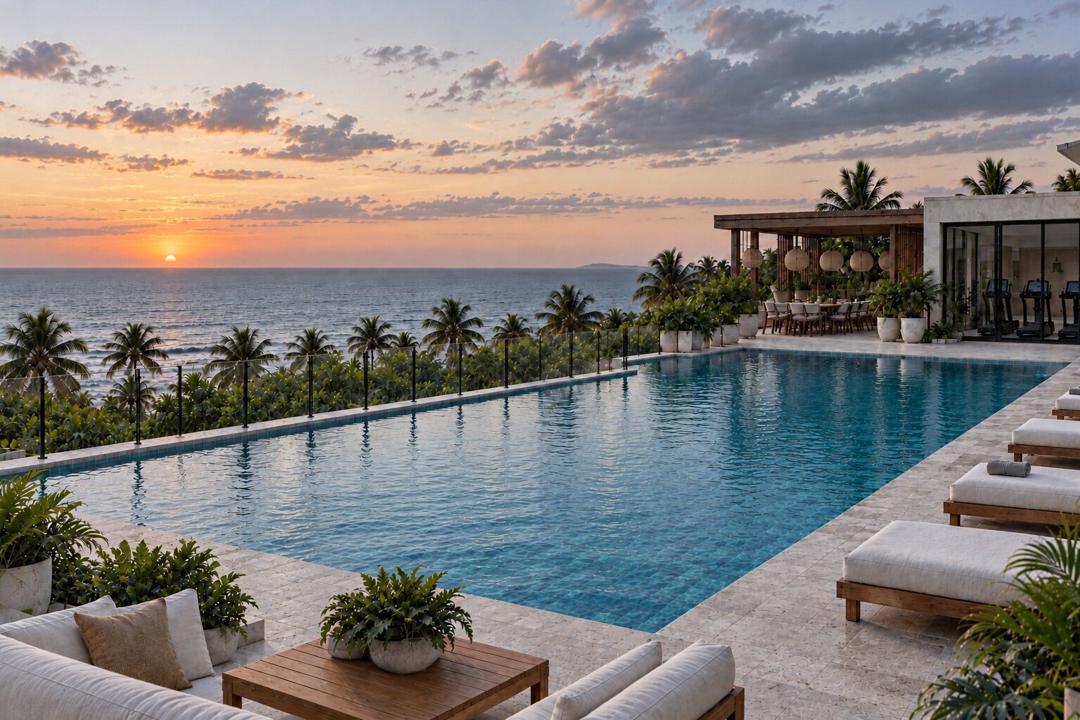 Infinity pool edge glowing at sunset