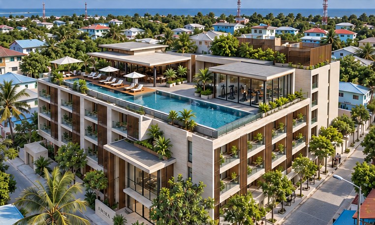 Aerial view of Emira's rooftop pool, artist's impression