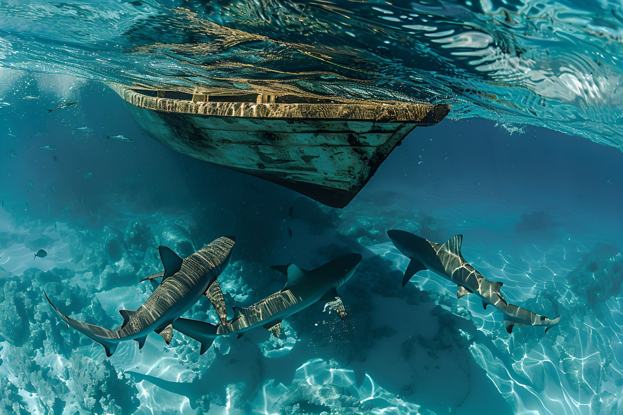 Reef sharks swimming beneath a dhoni